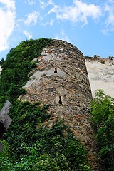 Image showing Round tower of medieval castle upward view