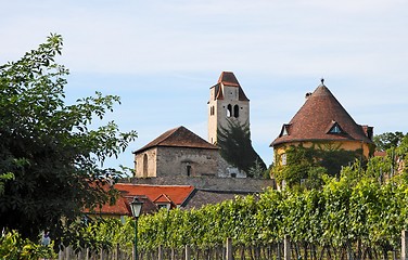 Image showing Medieval abbey among vineyards in Durnstein, Austria