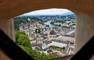 Image showing Salzburg city view through the gun-slot of Hohensalzburg castle 