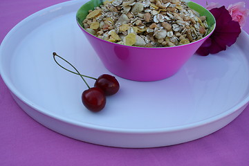 Image showing Fruit muesli and cherries