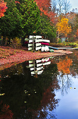 Image showing Fall forest reflections with canoes