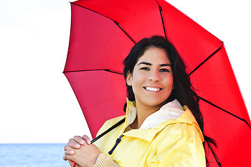 Image showing Beautiful young woman in raincoat with umbrella