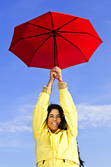 Image showing Beautiful young woman in raincoat with umbrella