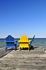 Image showing Chairs on wooden dock at lake