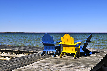 Image showing Chairs on wooden dock at lake