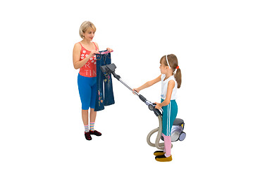 Image showing Mam,daughter and a vacuum cleaner