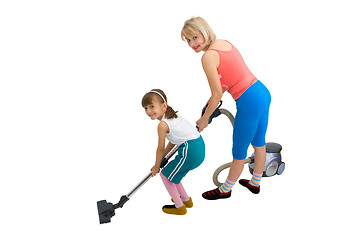 Image showing Mum, daughter and a vacuum cleaner