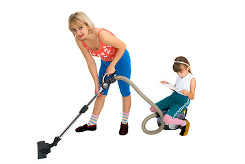 Image showing Mum, daughter and a vacuum cleaner