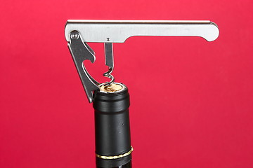 Image showing Corkscrew in the cork under red light.