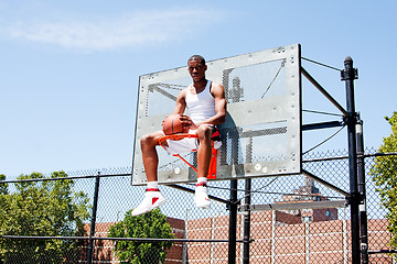 Image showing Basketball player sitting in hoop