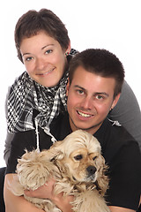 Image showing Girl, guy and american cocker spaniel 