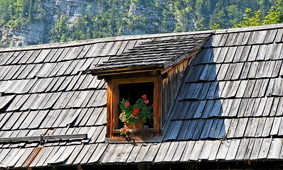 Image showing Old wooden tiled roof of Alpine house with attic 