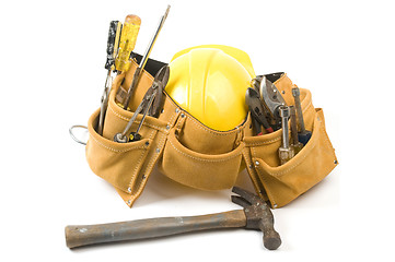 Image showing suede leather tool belt with protective hard hat