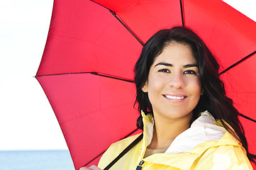 Image showing Beautiful young woman in raincoat with umbrella