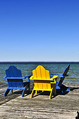 Image showing Chairs on wooden dock at lake