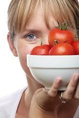 Image showing Woman with Bowl of Tomatoes