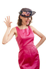 Image showing  young woman in pink dress and hat