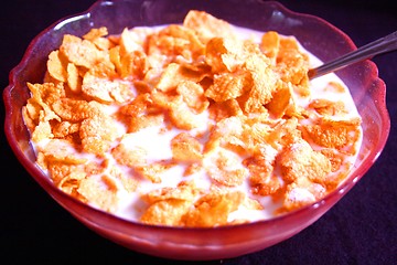 Image showing Bowl of flakes cereal with milk in bowl