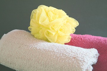 Image showing Two towels and sponge for the spa