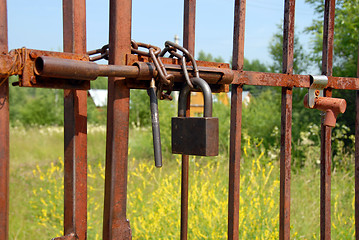 Image showing Locked rusty gate