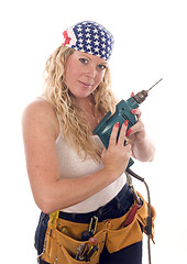 Image showing sexy contractor construction lady with tools