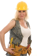 Image showing sexy contractor construction lady with tools