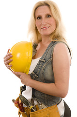 Image showing sexy contractor construction lady with tools