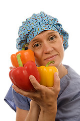 Image showing nurses promoting healthy diet with fresh colorful bell peppers