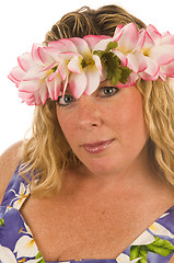 Image showing sexy woman with floral dress and flowers in hair