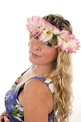 Image showing sexy woman with floral dress and flowers in hair