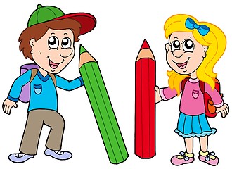 Image showing Boy and girl with giant crayons
