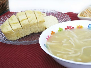 Image showing Chicken noodle soup and corn bread