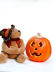 Image showing Teddy bear and Jack-O-Lantern