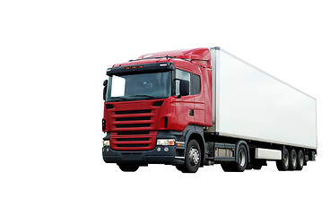 Image showing red lorry with white trailer over blue sky