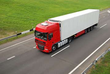 Image showing red lorry with whiter trailer (upper view)