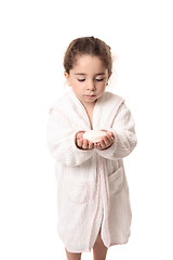 Image showing Little girl about to wash her hands with soap