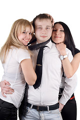 Image showing Young man and two young women. Isolated