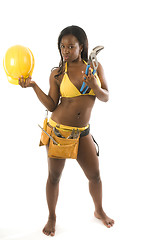 Image showing sexy hispanic construction woman with tools in bikini