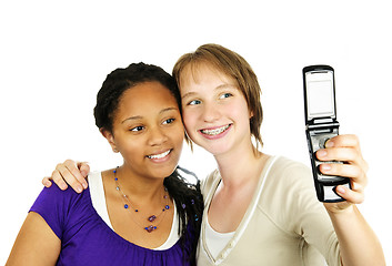 Image showing Teen girls with camera phone