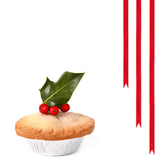 Image showing Mince Pie with Holly and Red Ribbons