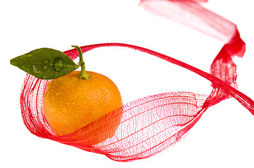 Image showing christmas sweet in red bow. orange fruit