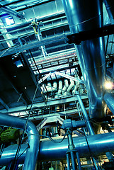 Image showing Pipes, tubes, machinery and steam turbine at a power plant