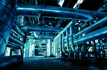 Image showing Pipes, tubes, machinery and steam turbine at a power plant