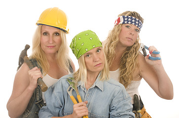 Image showing sexy team contractor construction ladies with tools