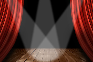 Image showing Red Theater Stage Background With 3 Spotlights Centered