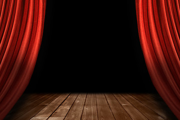 Image showing Red Theater Stage Drapes With Wooden Floor