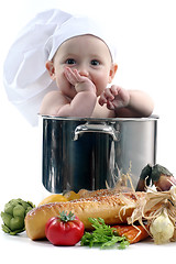 Image showing Baby in a Chef Pot on White Background. Image is Soft