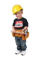 Image showing Boy Holding Hammer Wearing Toolbelt and Hard Hat