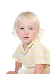 Image showing Handsome Infant Toddler Boy With Blue Eyes and Blonde Hair