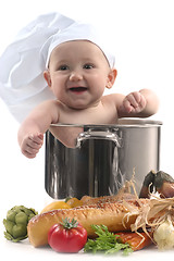 Image showing Cute Baby in a Chef Pot Smiling